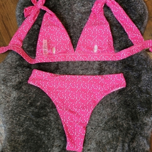 New Pink Print V-plunge Triangle Bralette Bikini Set Swimsuit Size L - Picture 7 of 7